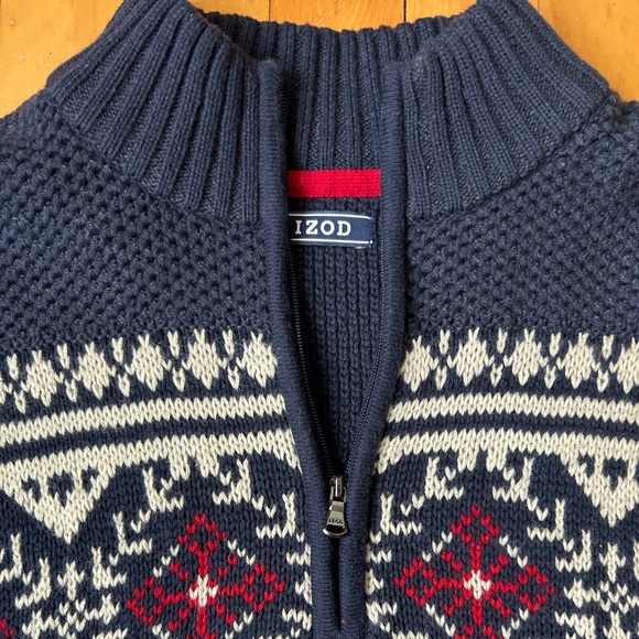 Izod sweater pullover 1/4 zip Fairisle holiday blue red cotton blend size med - Picture 4 of 8
